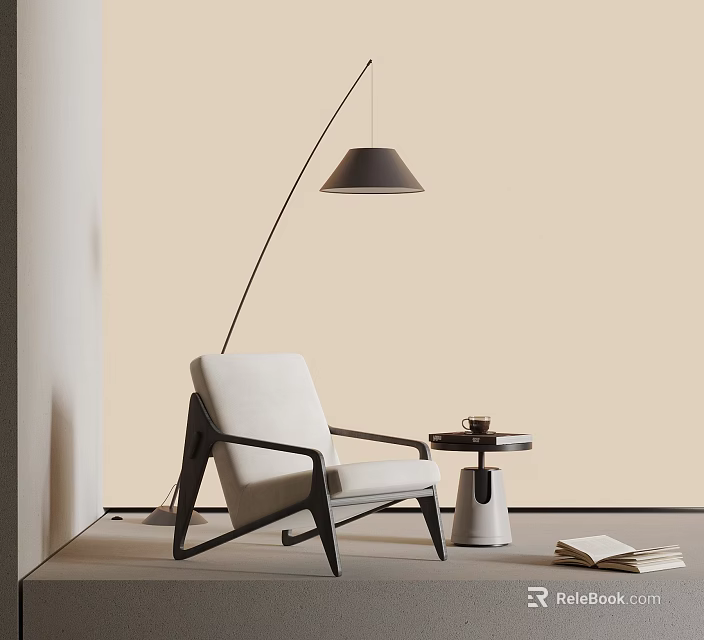 Minimalist Interior Featuring White Armchair Arched Floor Lamp Small Round Table And Open Book 3d model 