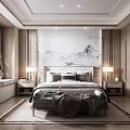 Elegant Bedroom Interior Design With Scenic Wall Art Tufted Headboard Pillows And Bench