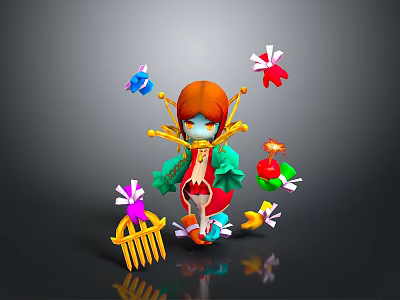 Playful Orange Haired Character With Colorful Small Creatures Birds And Fence 3d model