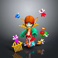 Playful Orange Haired Character With Colorful Small Creatures Birds And Fence
