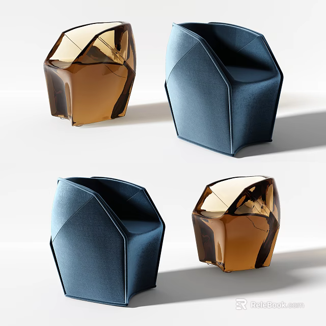 Modern Single Sofa With Geometric Design And Velvet Upholstery In Blue Brown Colors 3d model 
