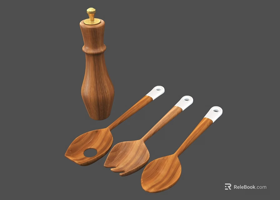 Wooden Kitchen Utensils Set With Pepper Grinder And Serving Spoons White Handles 3d model 