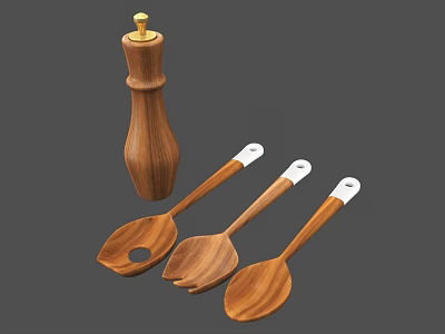 Wooden Kitchen Utensils Set With Pepper Grinder And Serving Spoons White Handles 3d model
