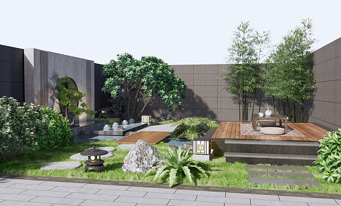 New Chinese Courtyard Garden Water View Wall Fake Mountain Water View Outdoor Tea Table Landscape Tree 3d model