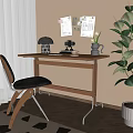 Home Office Wooden Desk With Black Table Lamp Camera Decor Wall Notes And Green Plant