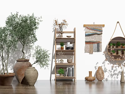 Charming Garden Accents Decor With Olive Trees Terracotta Pots And Macramé Wall Hanging 3d model