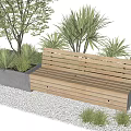 Outdoor Wooden Bench Surrounded by Green Plants and Concrete Planter on White Gravel Ground