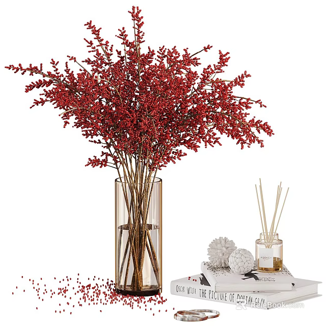 Transparent Glass Vase With Red Flowers Reed Diffuser Decorative Ball And Book 3d model 
