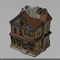 Two Story Gingerbread House Building with Snow on Roof and Christmas Decorated Windows and Wreaths