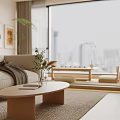 Modern Minimalist Living And Dining Room With Beige Sofa Rattan Pendant Light And Green Plants