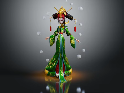 Traditional Chinese Female Character in Green Red Outfit with Headdress and Floating Spirit Orbs 3d model