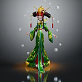 Traditional Chinese Female Character in Green Red Outfit with Headdress and Floating Spirit Orbs