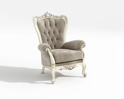 Classic European Armchair With Light Gray Tufted Upholstery And White Carved Wooden Frame 3d model