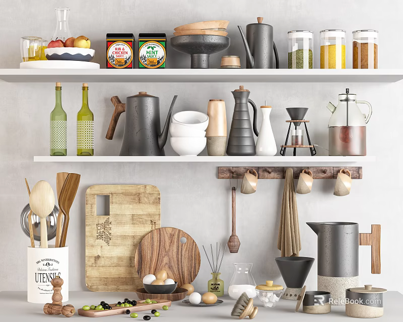 Organized Kitchen Cookware On Shelves With Jars Bottles Kettles And Cutting Boards 3d model 