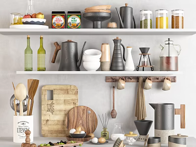 Organized Kitchen Cookware On Shelves With Jars Bottles Kettles And Cutting Boards 3d model