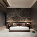 Modern Bedroom Interior With Stone Texture Wall Large Bed Green Plant And Floor To Ceiling Windows
