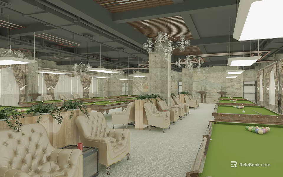 Spacious Billiard Room Interior With Green Pool Tables Comfortable Sofas And Hanging Chandeliers 3d model