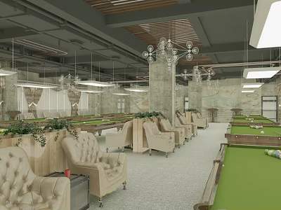 Spacious Billiard Room Interior With Green Pool Tables Comfortable Sofas And Hanging Chandeliers 3d model