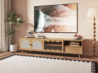 Modern Wooden TV Stand With Lattice Doors TV Books And Fruit Bowl Near Potted Plant 3d model