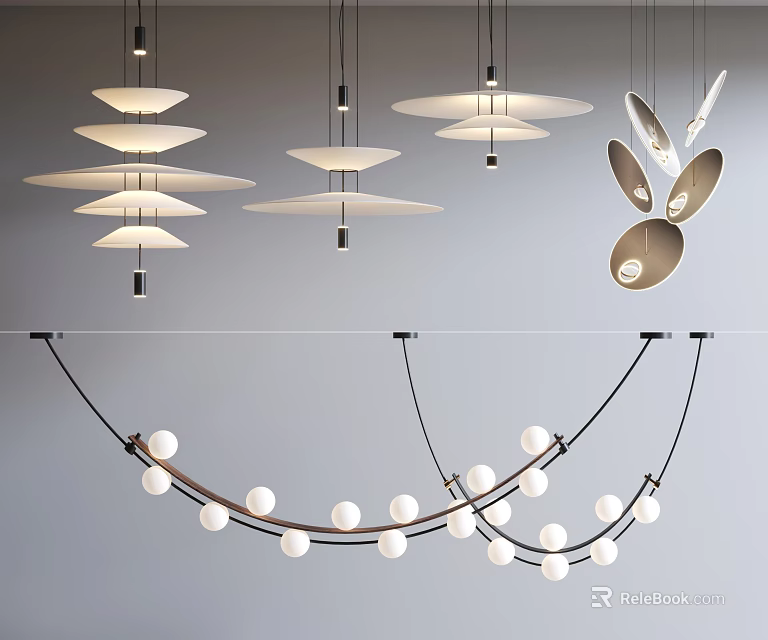 Modern Lighting Combinations With Disc Shaped Pendants And Spherical String Lights 3d model 