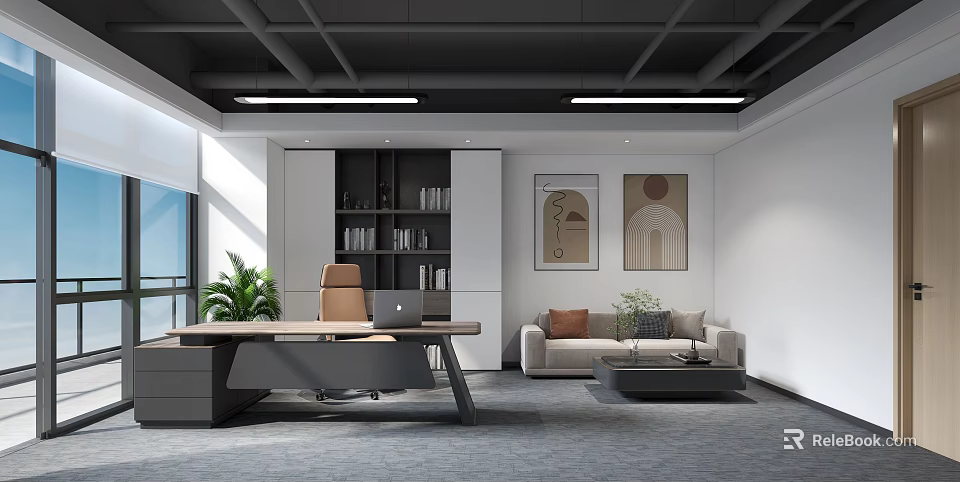 Modern Office Interior With Wooden Desk Sofa Bookshelf Green Plants And Wall Art 3d model 