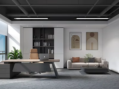Modern Office Interior With Wooden Desk Sofa Bookshelf Green Plants And Wall Art 3d model