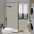 Modern Bathroom Interior With Glass Shower Enclosure Toilet Washing Machine Blinds And Plant