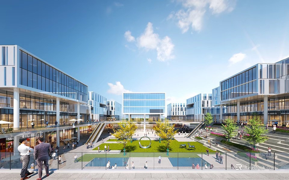Modern Commercial Landscape With Glass Buildings Open Plaza Green Lawn And Pedestrian Area 3d model 