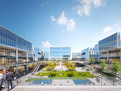 Modern Commercial Landscape With Glass Buildings Open Plaza Green Lawn And Pedestrian Area 3d model