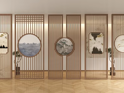 Traditional Chinese Wooden Lattice Room Dividers With Round Landscape Paintings And Potted Plants 3d model