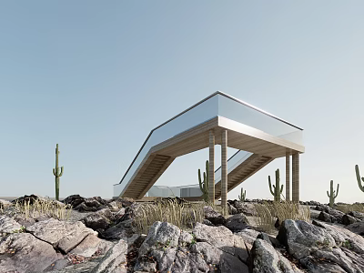 Contemporary Road Facility Featuring Glass Structure Wooden Supports And Cacti In Rocky Terrain 3d model