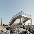 Contemporary Road Facility Featuring Glass Structure Wooden Supports And Cacti In Rocky Terrain