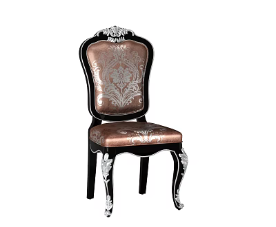Classic Single Chair With Ornate Pattern Brown Upholstery Black Frame Silver Accents And Carved Legs 3d model