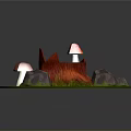 Wooden Tree Stump With Red Mushrooms And Stone Rocks On Green Grass