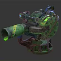 Green Mechanical Weapon with Rusty Barrel Yellow Markings and Turret Structure 3d model