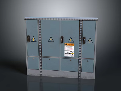Grey Computer Equipment Cabinet With Multiple Doors Yellow Triangular Warning Signs And Instruction Sticker 3d model