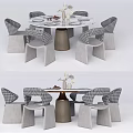 Modern Round Dining Table Set With Checkered Pattern Chairs And Wooden Pedestal Base 3d model