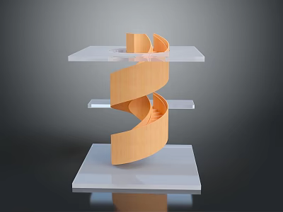 Modern Sculpture Featuring Wooden Spiral Structure And Layered White Transparent Platforms 3d model