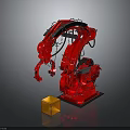 Red Industrial Robot With Mechanical Arm And Yellow Cube On Metal Base 3d model