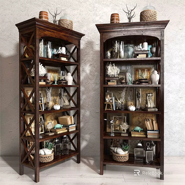 Dark Wood Multi tiered Decorative Cabinets With Vases Books And Figurines On Shelves 3d model 