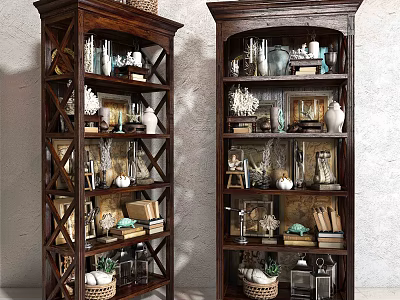 Dark Wood Multi tiered Decorative Cabinets With Vases Books And Figurines On Shelves 3d model