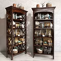 Dark Wood Multi tiered Decorative Cabinets With Vases Books And Figurines On Shelves