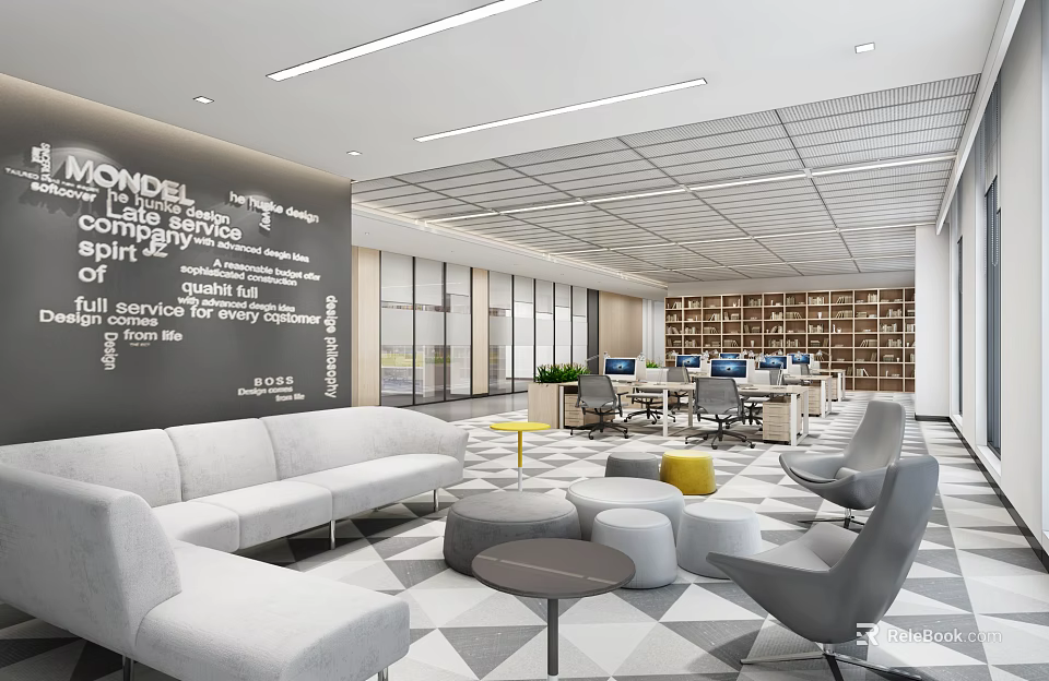 Modern Public Office Space Interior Design With Open Layout Sofa Chairs Bookshelves And Computers 3d model 