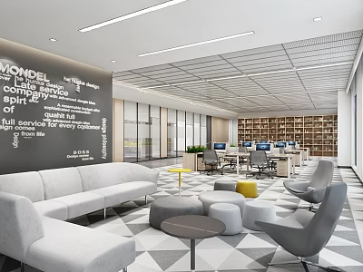 Modern Public Office Space Interior Design With Open Layout Sofa Chairs Bookshelves And Computers 3d model