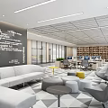 Modern Public Office Space Interior Design With Open Layout Sofa Chairs Bookshelves And Computers