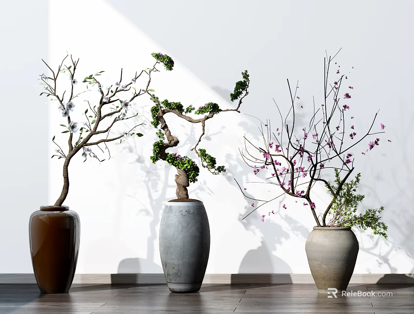 Decorative Bonsai Potted Plants With Twisted Branches Ceramic Pots And Flowering Blooms 3d model 