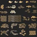 Traditional Golden Cloud Wave Patterns Decorative Ornament Set on Black Background 3d model