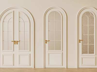 White Arched Doors with Glass Panels and Golden Handles in Light Wall Setting 3d model