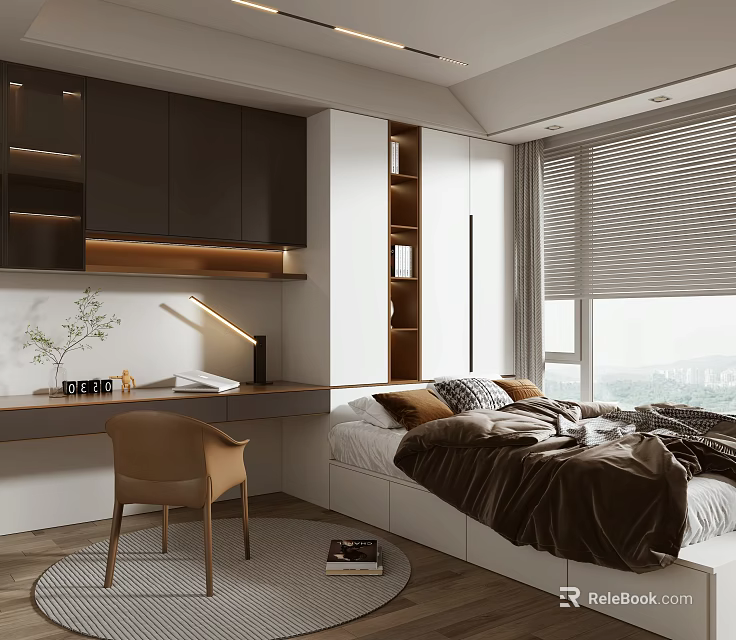 Tatami Bedroom Interior With Tatami Bed Desk Chair Dark And White Cabinets And City View 3d model 