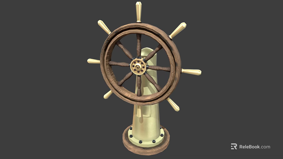 Vintage Wooden Ship Wheel Decorative Stand With Brass Center And Spokes 3d model 